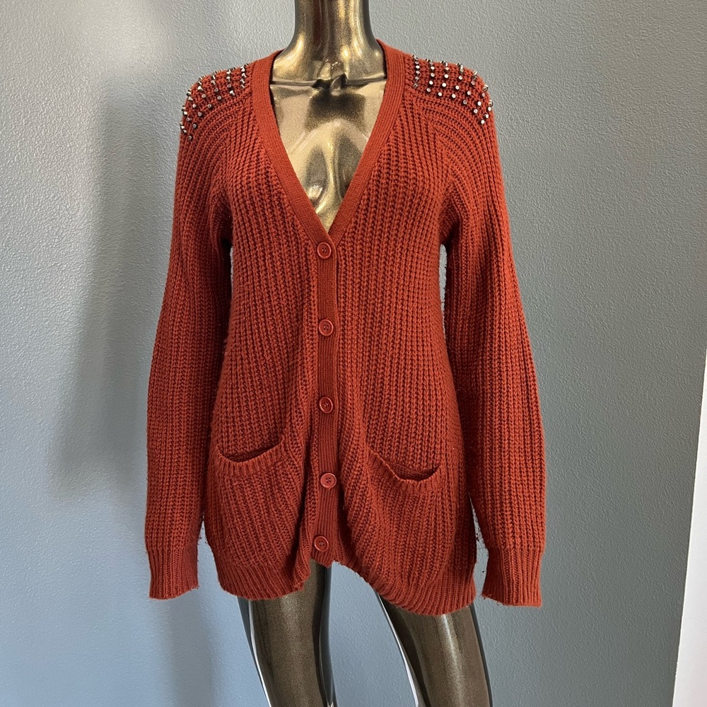 Zenana Outfitters Burnt Orange Cardigan with Embellished Shoulders